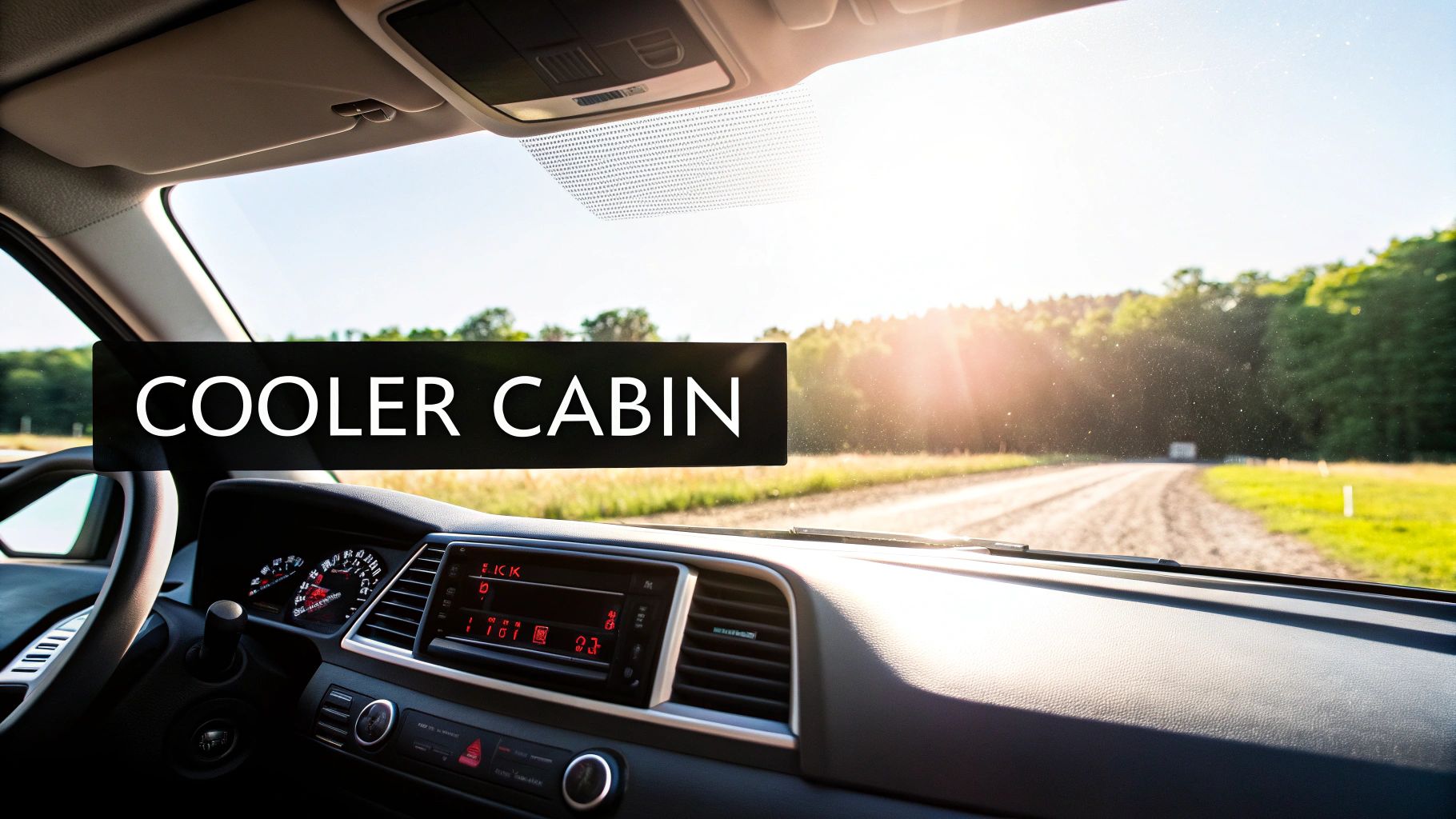 Inside a car on a sunny day with a 'COOLER CABIN' banner, highlighting interior comfort on the road.