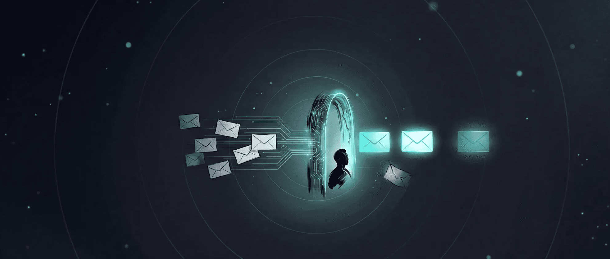 Faint AI-drafted email envelopes flowing along teal circuit lines toward a glowing gateway where a human ink-brush figure reviews them, with only approved envelopes emerging brightly on the other side, illustrated in Japanese minimalist ink style with teal and blue on a black background, representing why human-in-the-loop AI wins in B2B outbound.