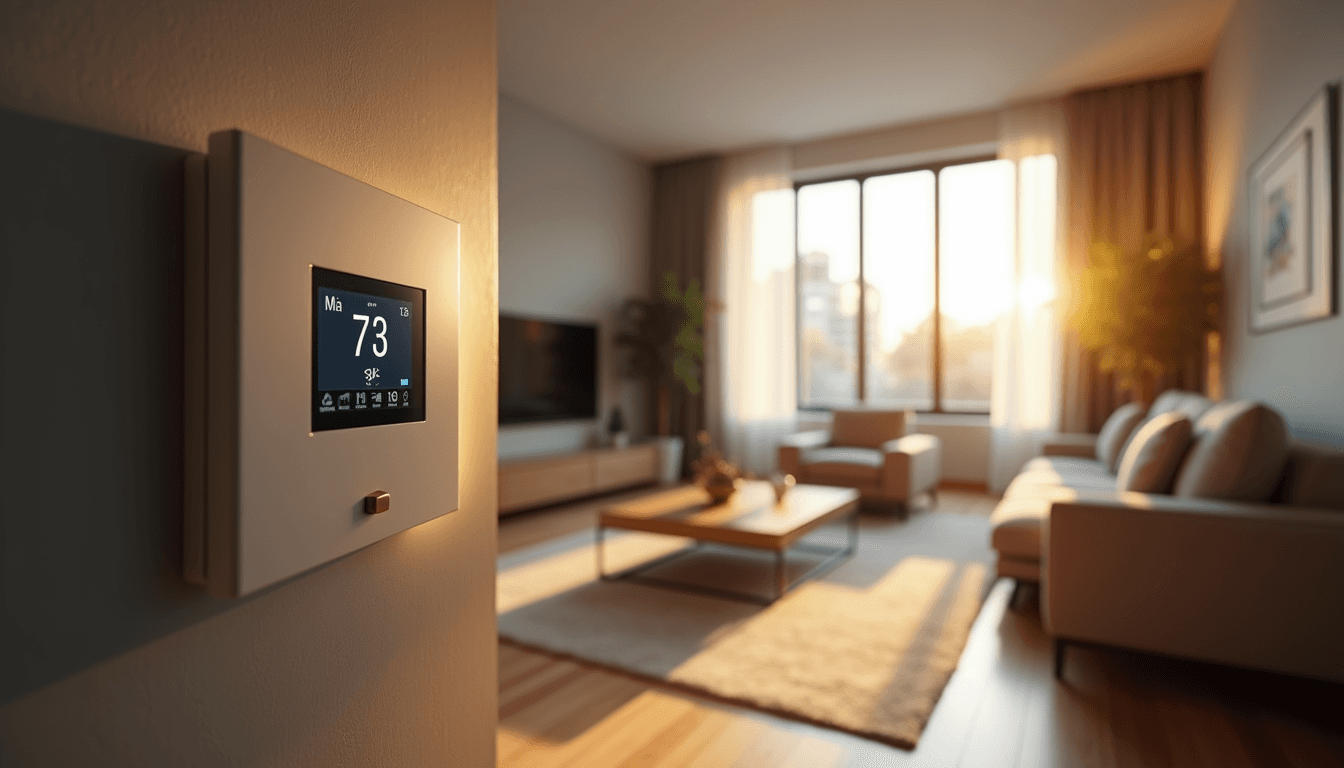 Eye-level view of a modern living room with smart lighting and thermostat