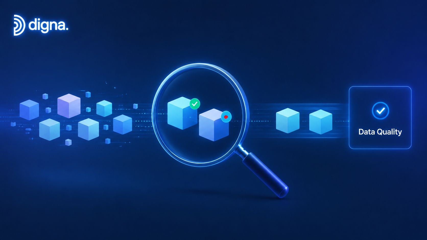 A magnifying glass inspecting 3D cubes to represent data quality and effective data governance analysis.