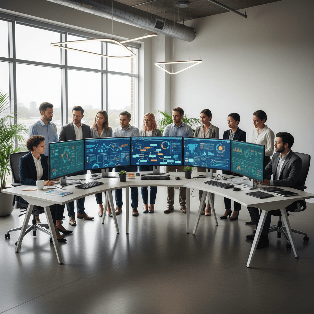 B2B operations team reviewing a shared customer engagement dashboard with workflows and status views