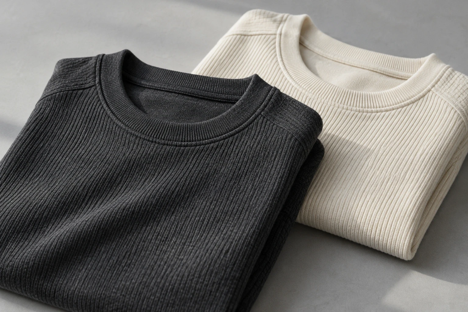 Close view of folded cream and charcoal cotton collars and ribbed fabric