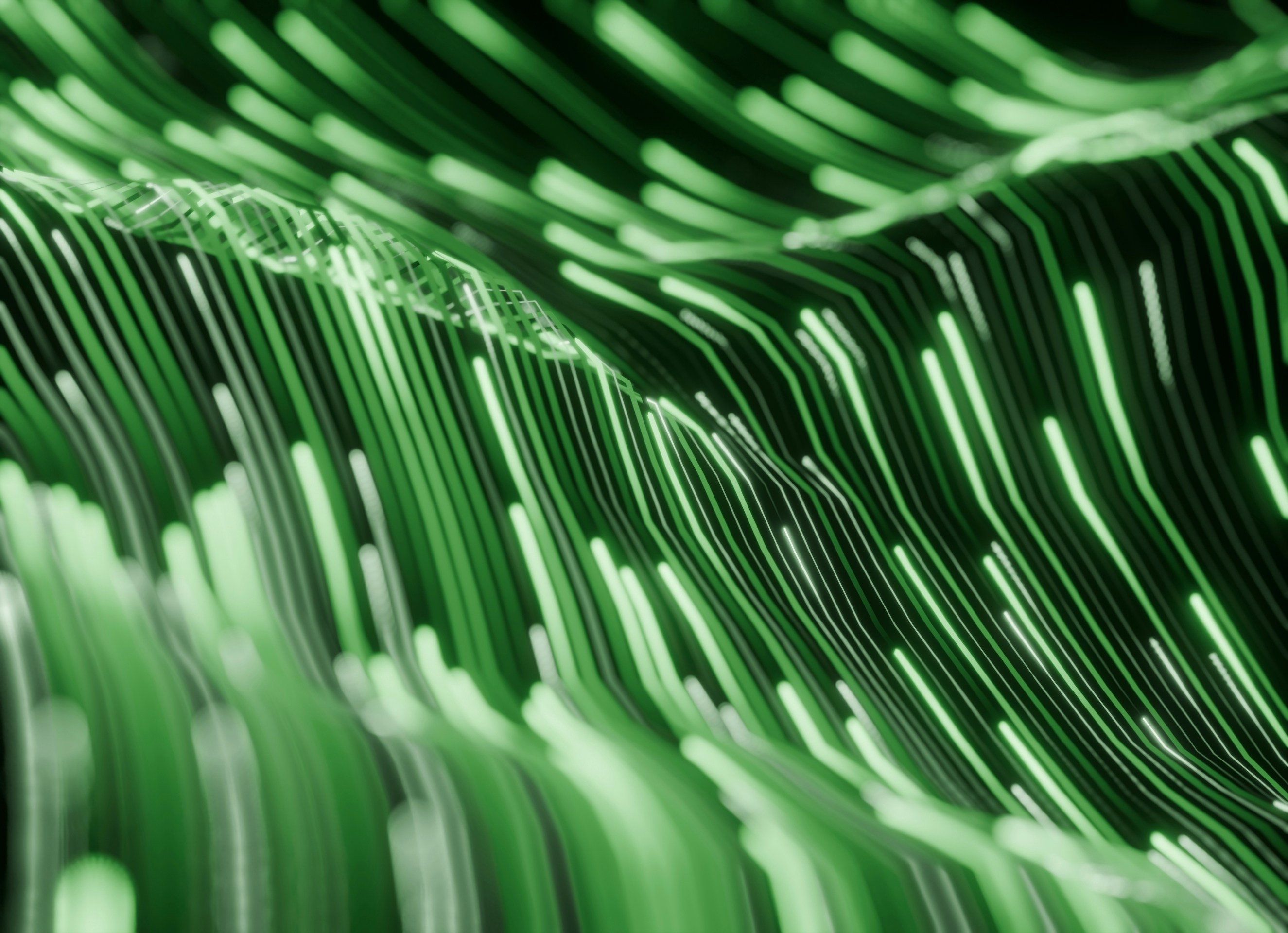 Abstract green streaks of light forming waves