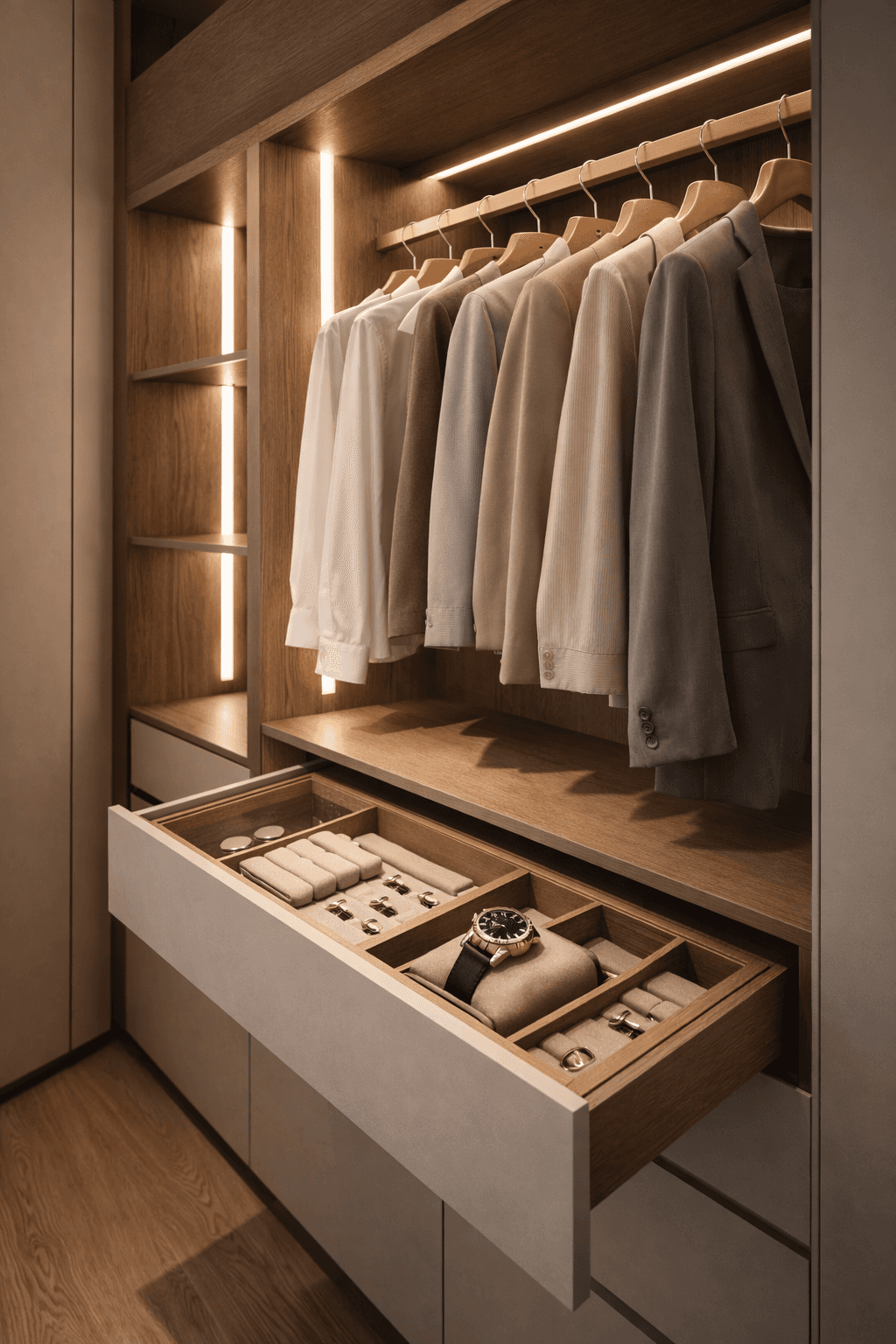 Inside a Minimalist bespoke wardobe featuring integrated LED LİGHT, HİDDEN COMPARTMENTS, AND PERFECTLY ORGANİZED SHELVİNG.