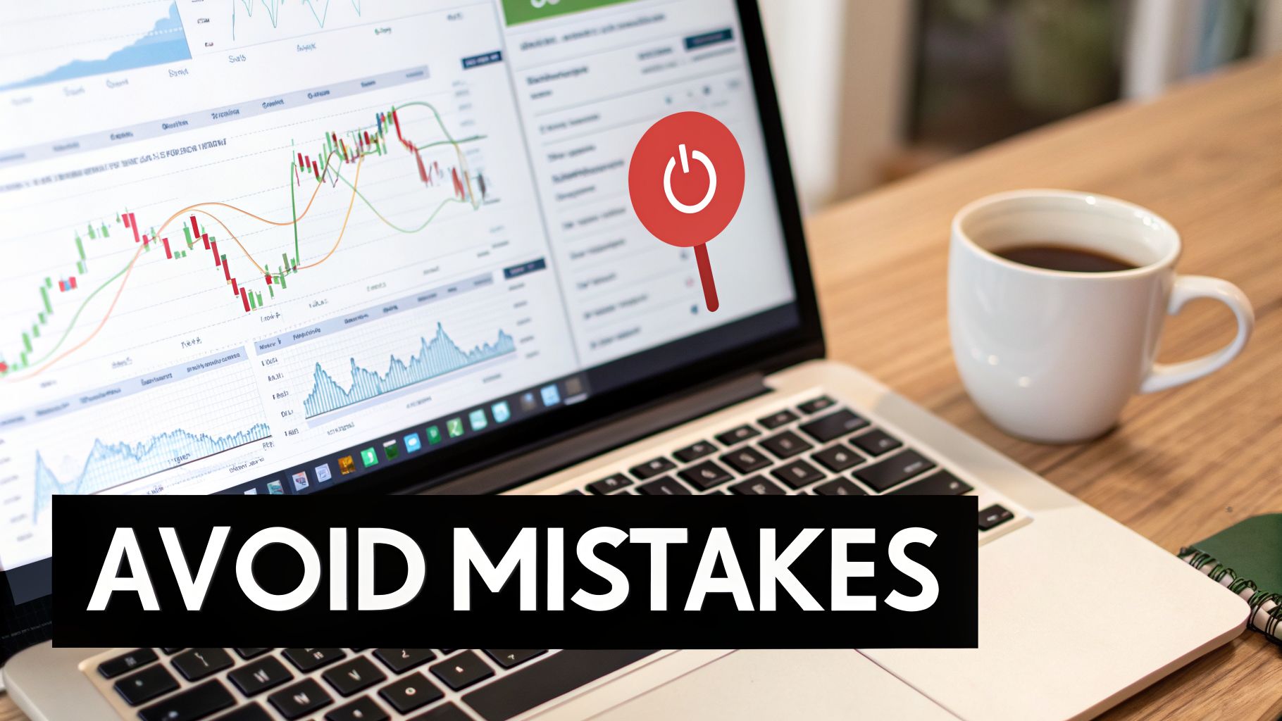 A laptop displaying stock charts with 'AVOID MISTAKES' text, a power icon, and coffee.