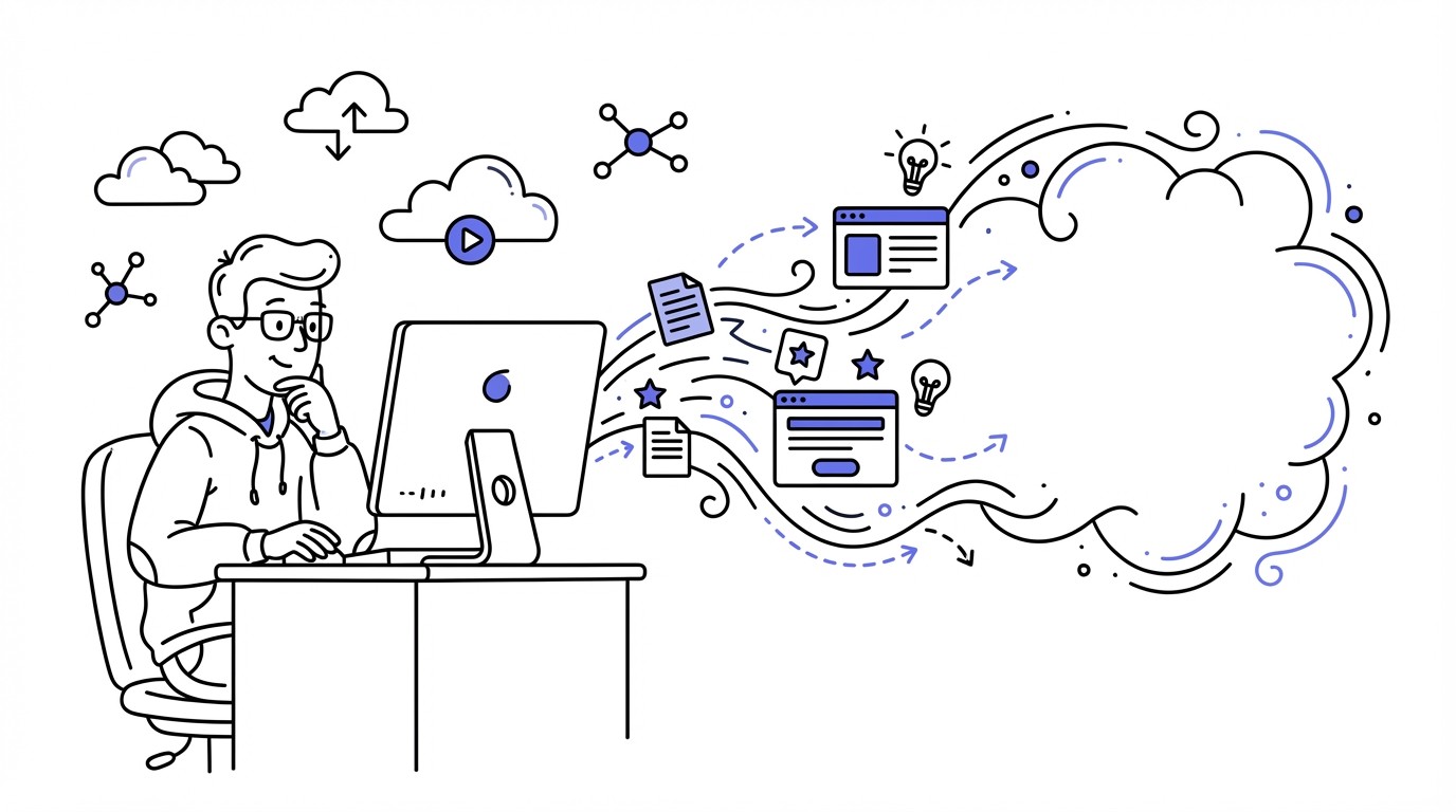 Illustration of a professional at a futuristic tech console sending a glowing digital message into a vast, dark, empty void, with a pensive expression.