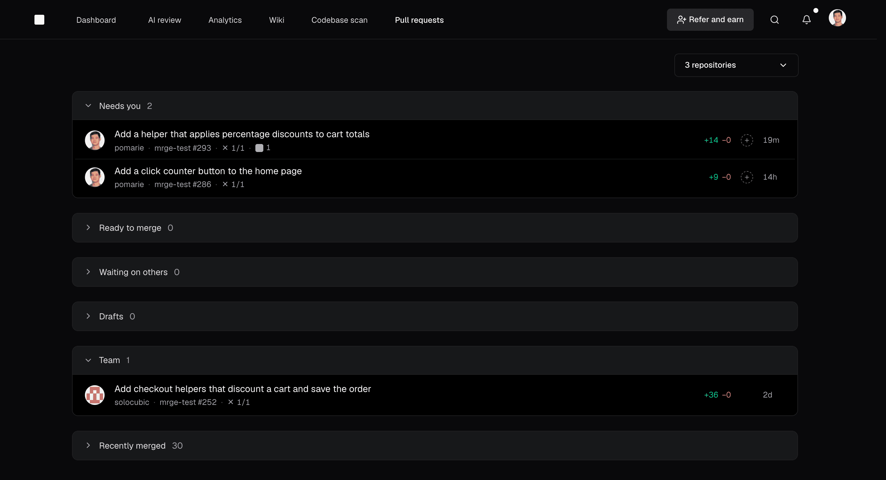 cubic inbox showing Needs you, Ready to merge, Waiting on others, Drafts, Team and Recently merged sections