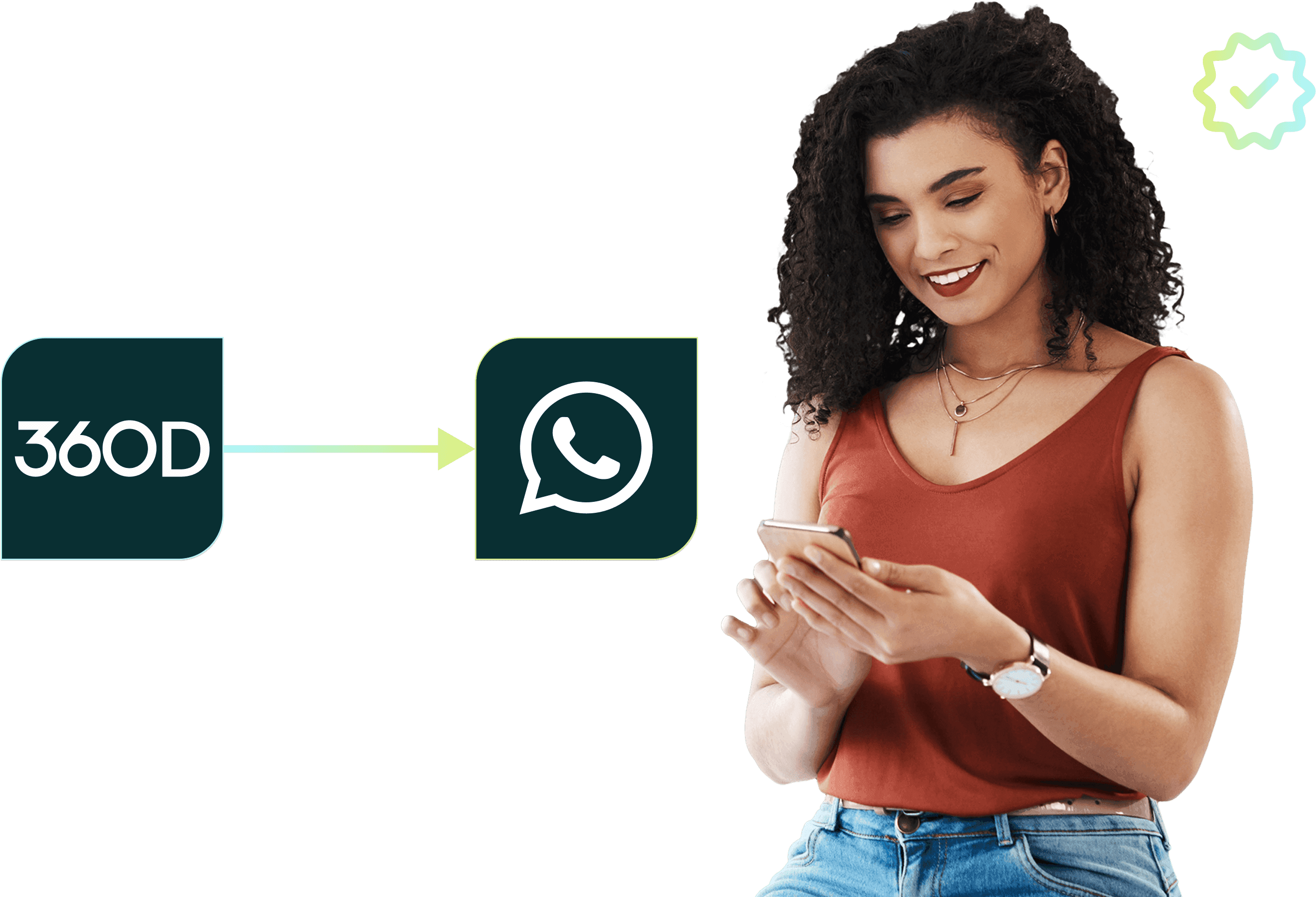 Uma jovem mulher sorrindo enquanto usa soluções WhatsApp Business no seu telefone, com o logotipo 360Dialog conectado aos badges de Parceiro Meta Business