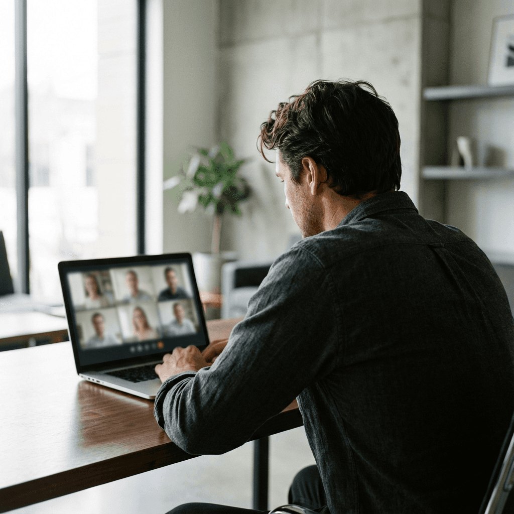 Ein Mann nimmt an einem Zoom Video-Meeting teil. Er bietet Zoom-Besprechungen direkt über anny an.