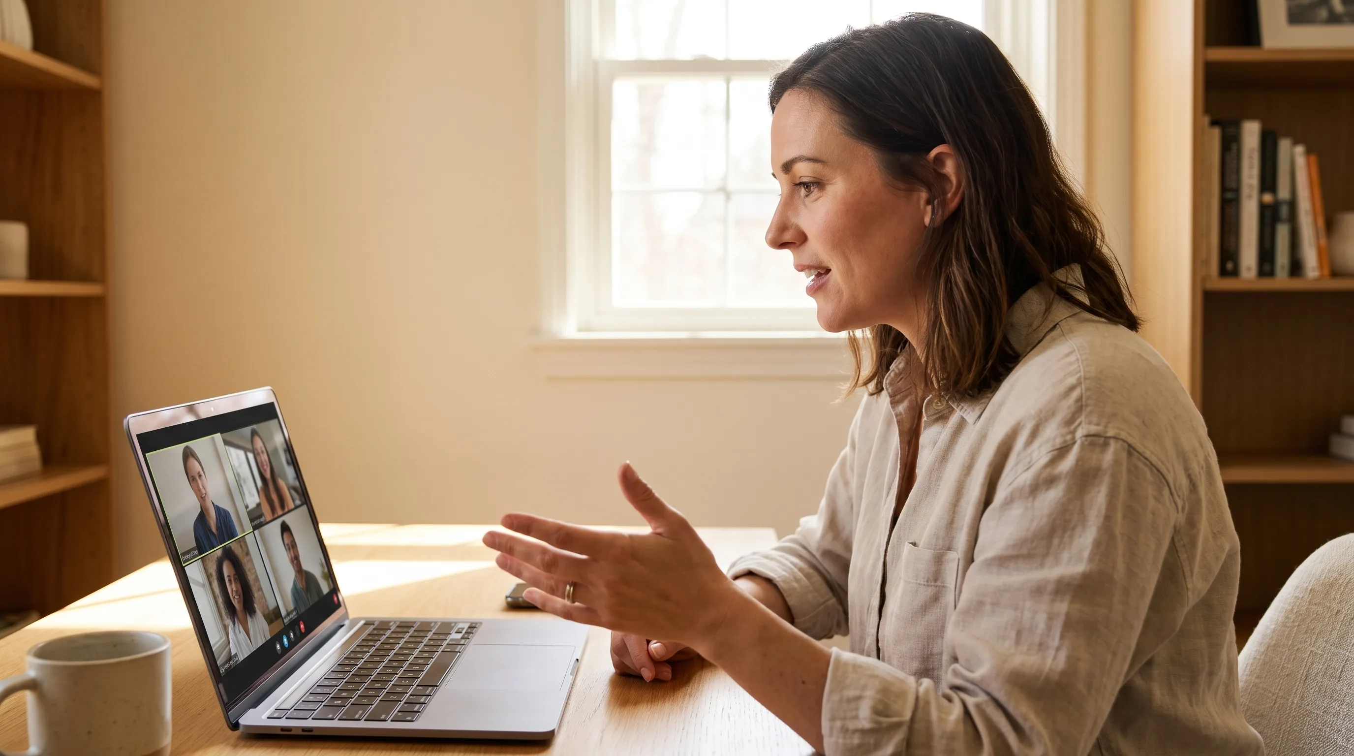 A professional at a laptop asking the other meeting participants for permission to record before starting