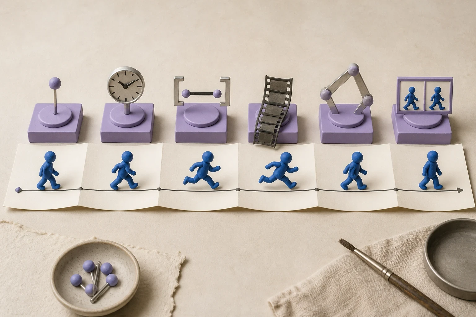 Six miniature control stations guide a blue clay figure through constraints, timing, local revision, imported motion, traditional control and final review.