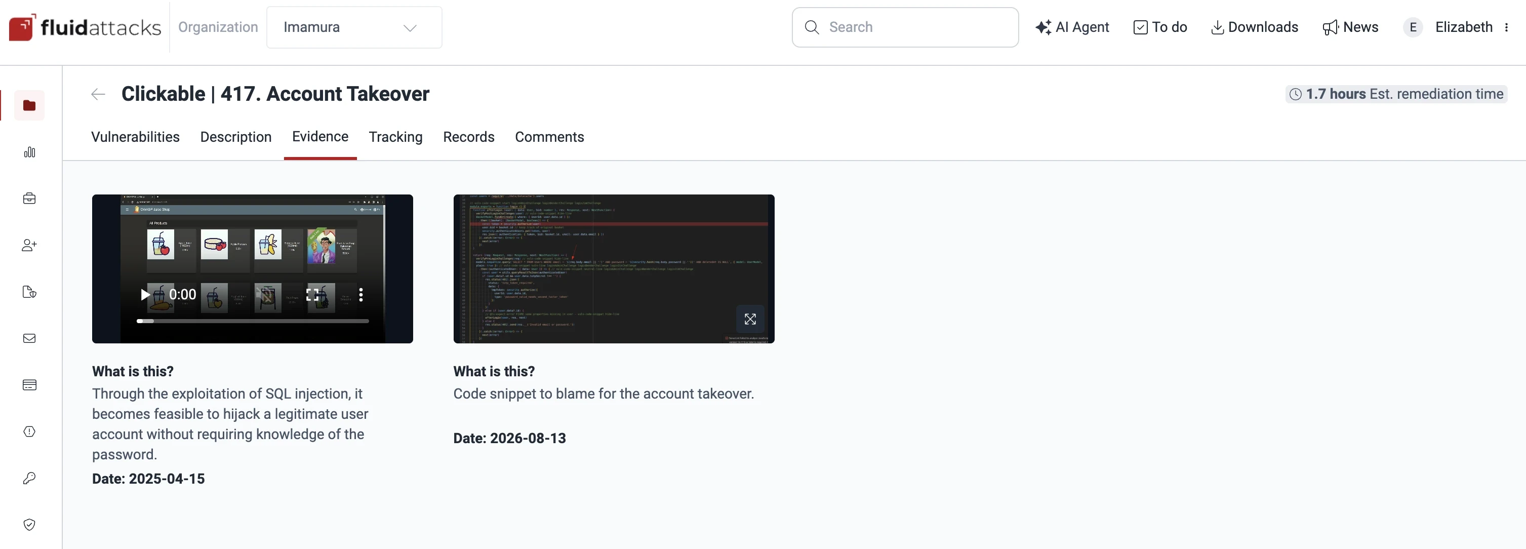 Exploitation evidence attached by a Fluid Attacks pentester to an account takeover finding