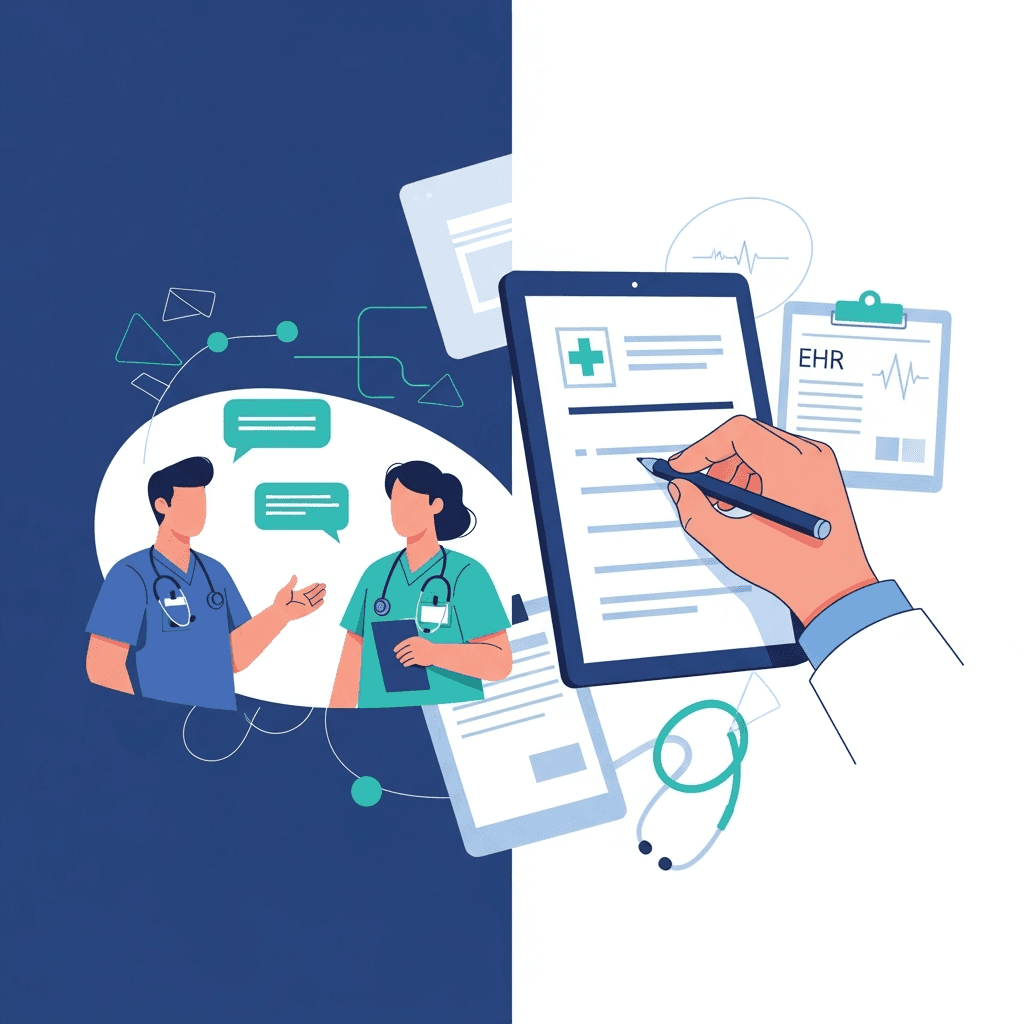 A professional healthcare illustration showing the integration of verbal and written patient handoff documentation. Split the image into two complementary halves: on the left, two healthcare professionals in scrubs having a face-to-face conversation with speech bubbles or communication lines between them; on the right, a hand writing or documenting on a medical chart or tablet. Use a clean, modern medical illustration style with a healthcare color palette of blues, teals, and whites. Include subtle medical elements like a clipboard, stethoscope, or EHR screen. The two sides should visually connect to show they work together as one complete handoff process. Professional, minimalist design suitable for a healthcare blog.