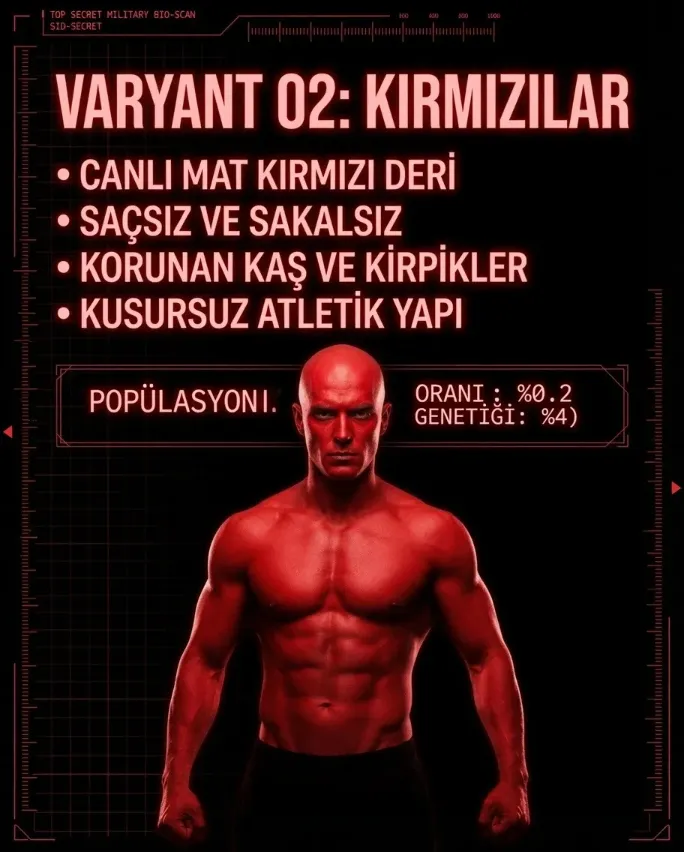 Nanomorf I: Değişikler – Kırmızı fenotipi biyometrik verileri ve varyant özellikleri. Distopik bir atmosferde, 2026 çıkışlı iddialı bir yerli biyopunk bilimkurgu romanı karakter analiz görseli.