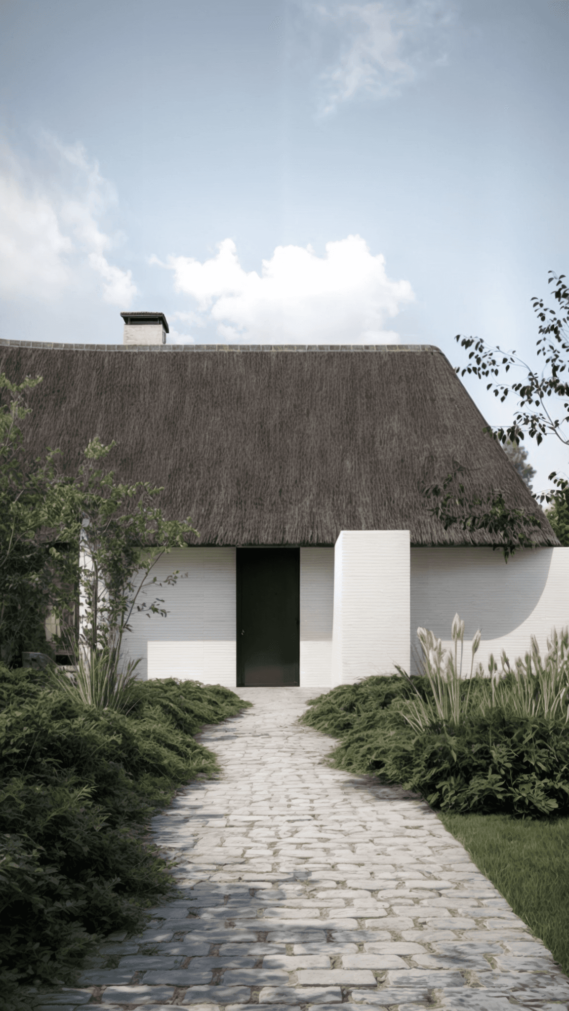 Villa met rieten kap en lichte gevel, omringd door tuinbeplanting onder een heldere lucht