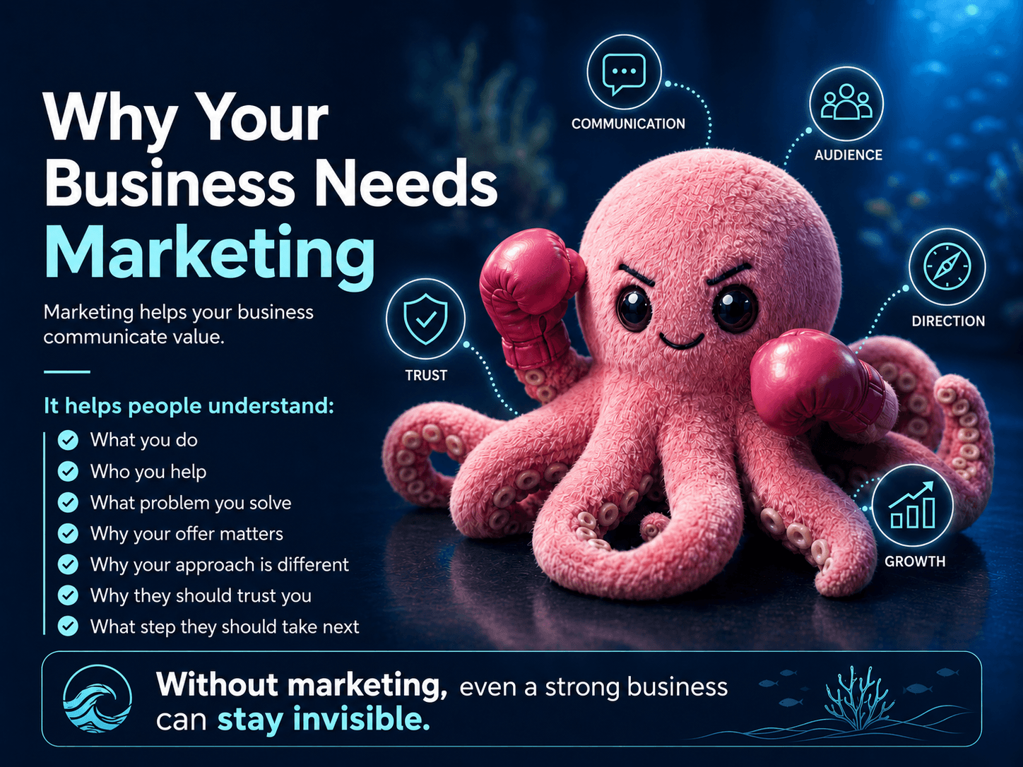 Why Your Business Needs Marketing Marketing helps your business communicate value. It helps people understand: What you do Who you help What problem you solve Why your offer matters Why your approach is different Why they should trust you What step they should take next Without marketing, even a strong business can stay invisible.