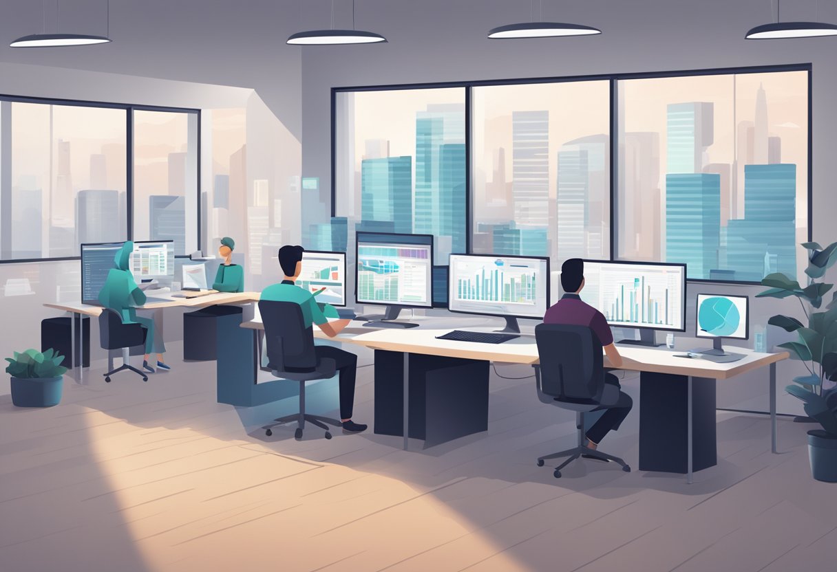 An office scene with AI software analyzing employee data for HR purposes. Computer screens, charts, and graphs displayed