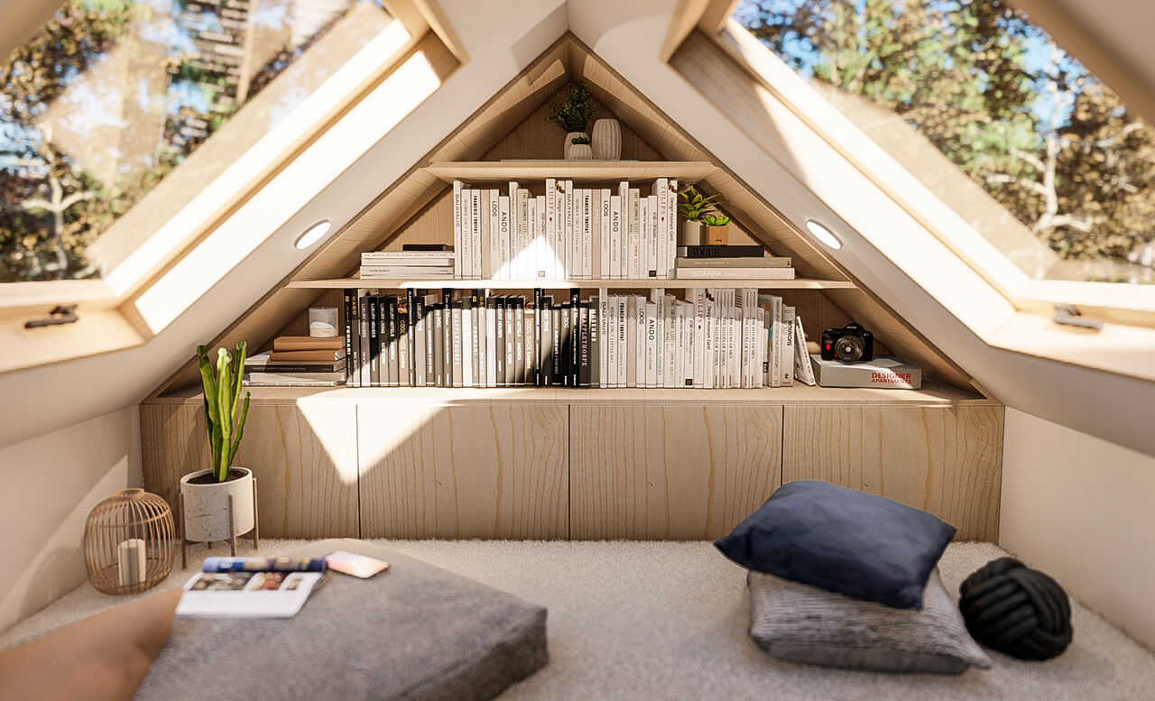 Scandi loft option - library nook with 2 skylights