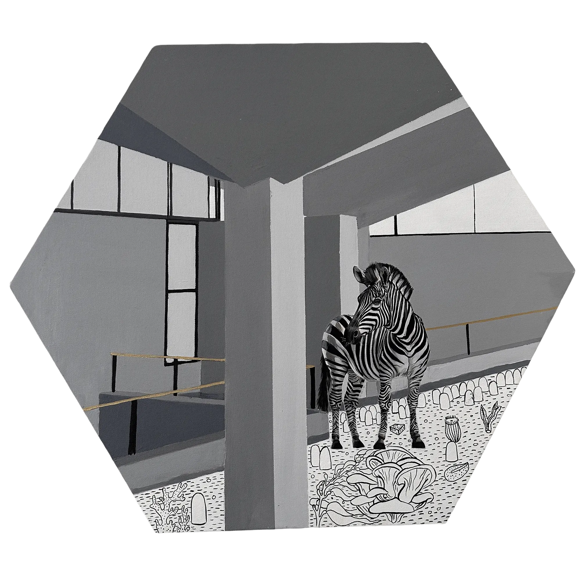 A zebra stands calmly in a brutalist architectural space, surrounded by structural columns and elevated walkways with yellow railings. The floor beneath is illustrated with monochrome fossilized plants and fungi.