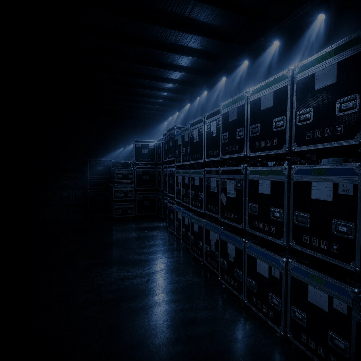 Warehouse aisle of flight cases for touring concert lighting equipment, UpLight Technologies, Nashville