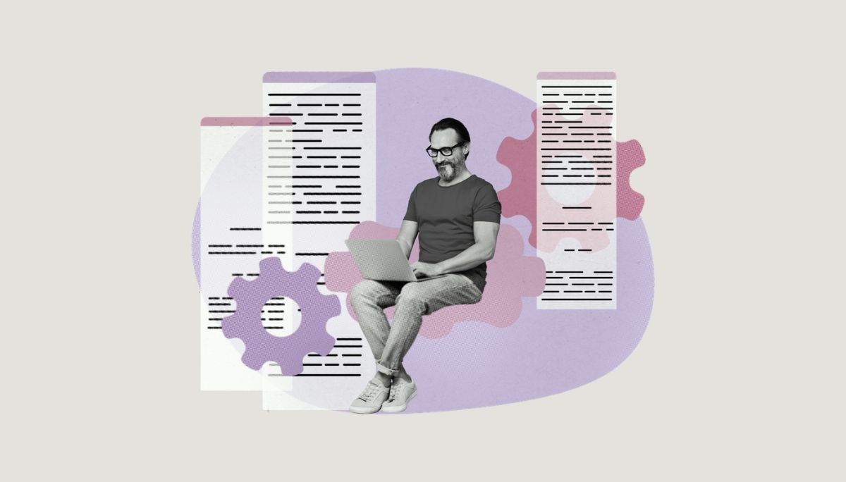 Digital collage of person using laptop with gears and code elements, symbolizing component‑based software engineering.