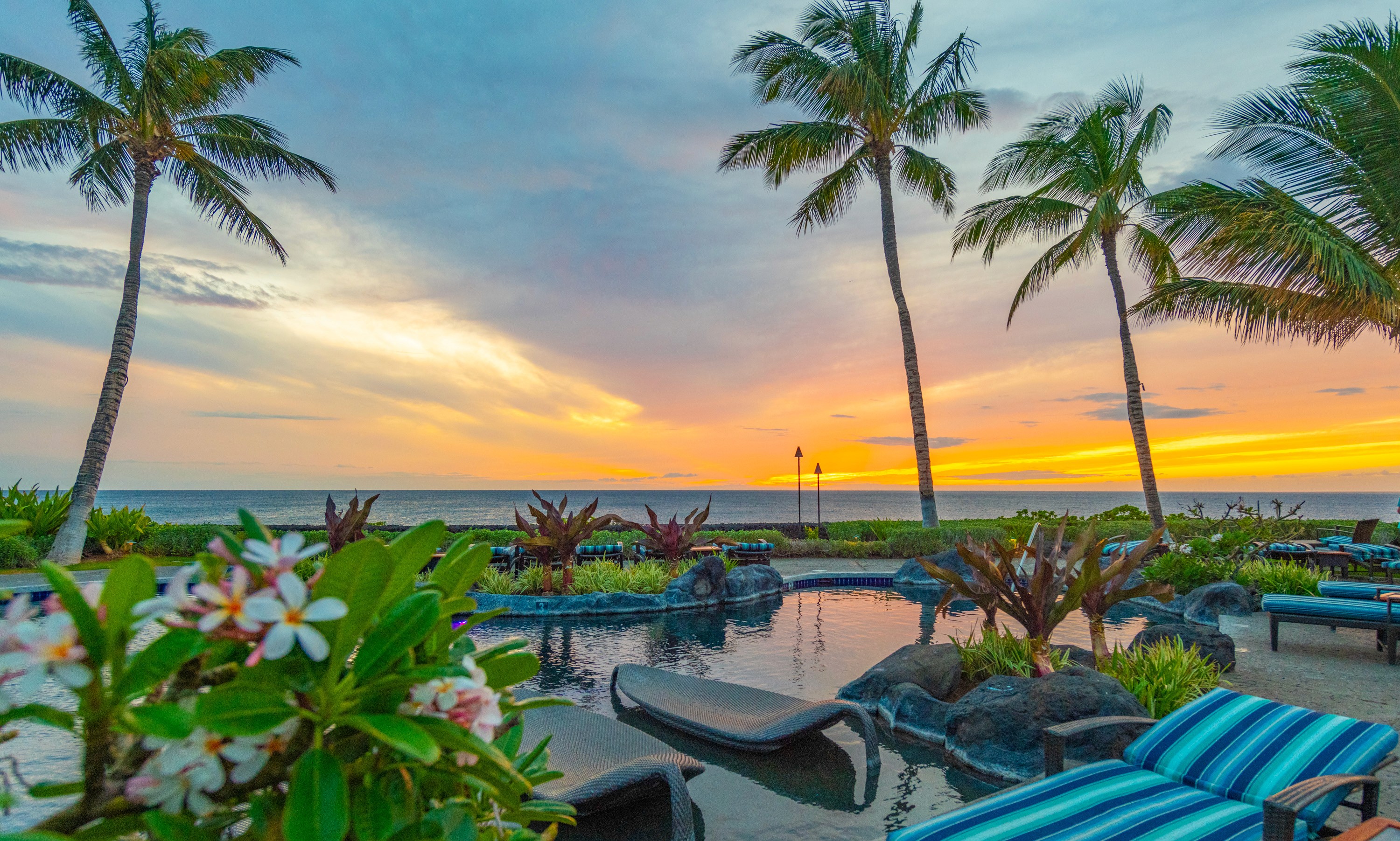 Tropical pool at sunset