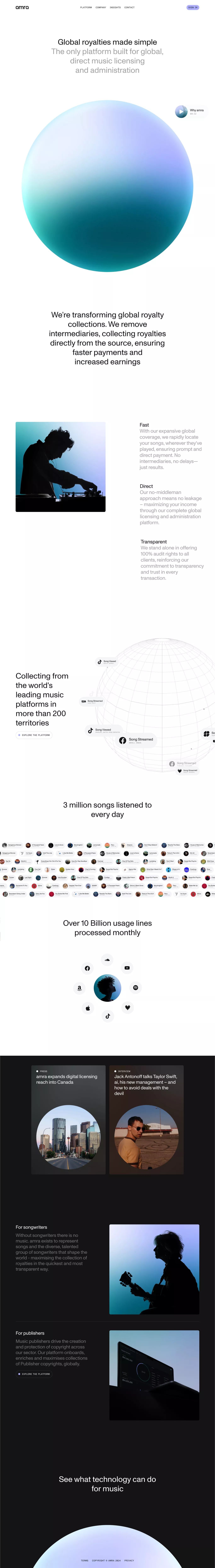 amra - Global royalties made simple landing page screenshot showcasing Tech and Music design