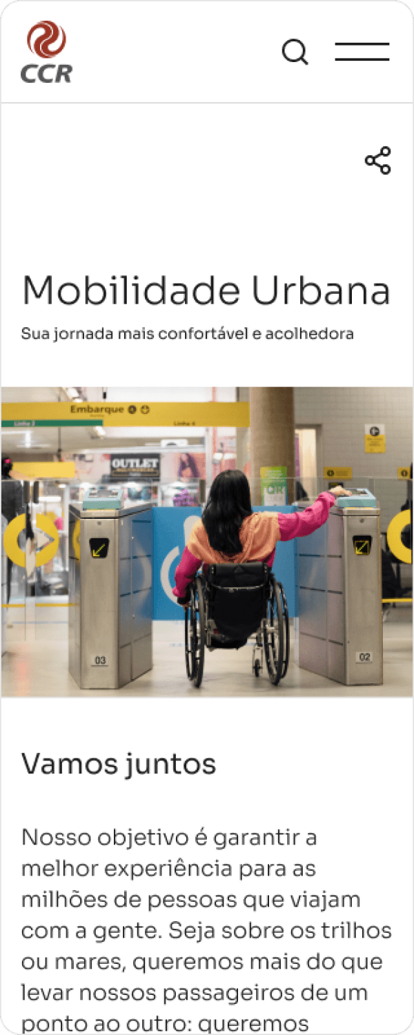 A person in a wheelchair is seen from behind, navigating through a turnstile at a public transportation station. The station has clear signage, including a yellow sign that reads "Embarque" (Boarding) and indicates Line 4. The environment is designed to be accessible, highlighting the importance of urban mobility and inclusivity. The text below the image emphasizes the goal of providing the best experience for millions of travelers, whether by rail or sea, and ensuring a comfortable and welcoming journey for all passengers.