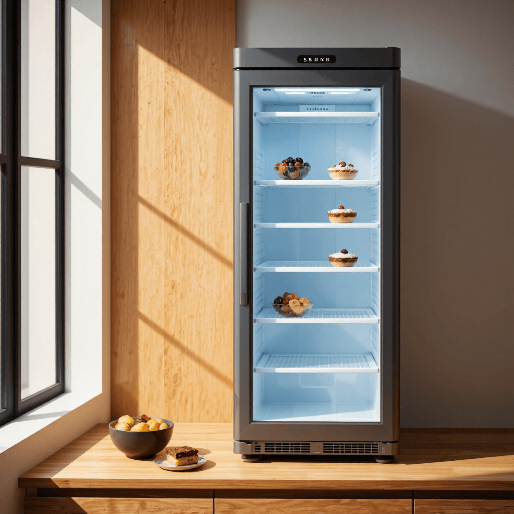 product photography of a display refrigerator for beverages and desserts