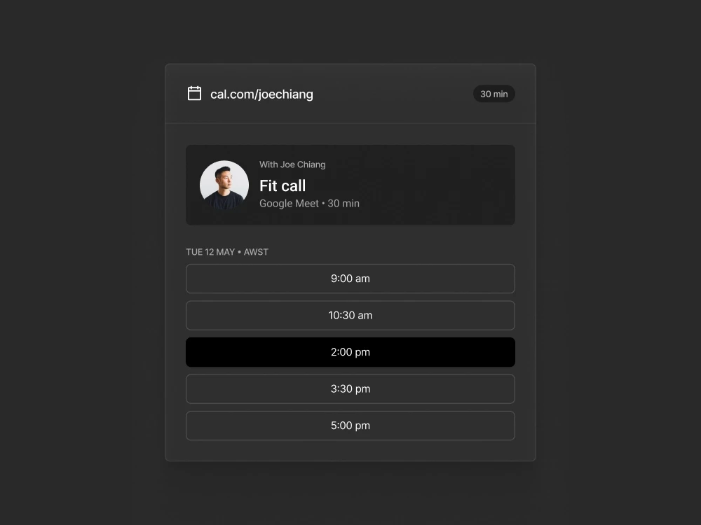 Cal.com booking page showing available 30-minute fit call slots with Joe Chiang