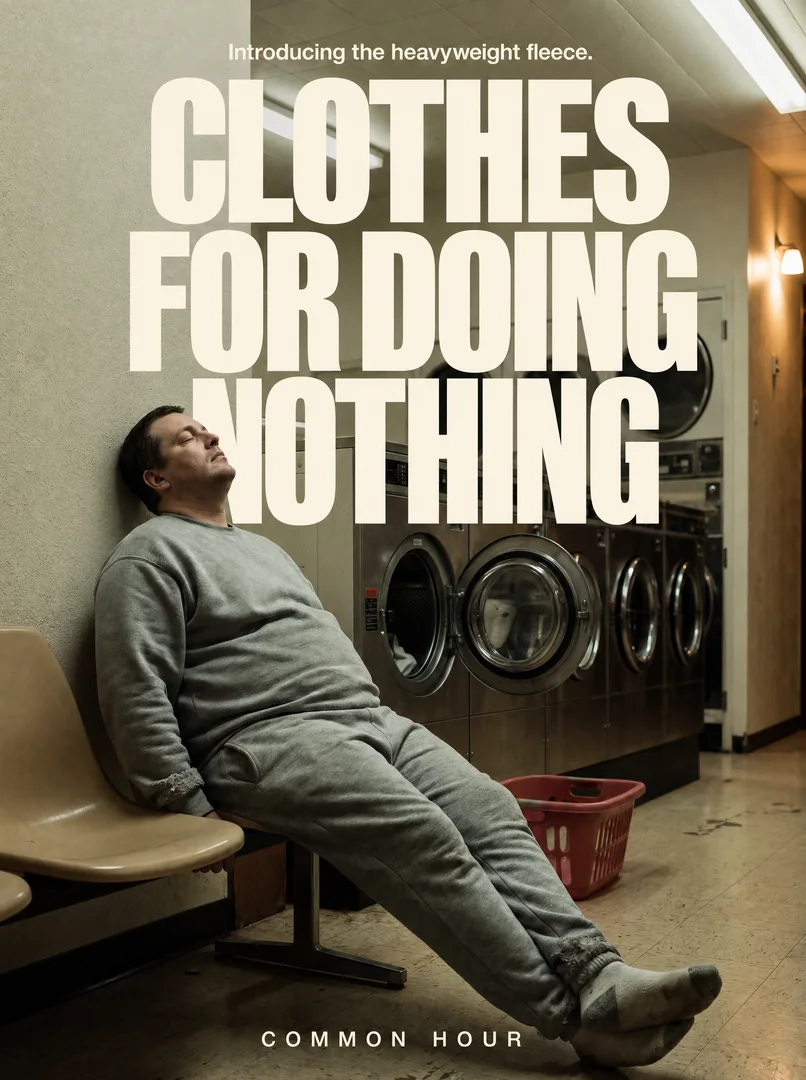Common Hour fleece ad: Clothes for doing nothing. A person relaxes in a laundromat.