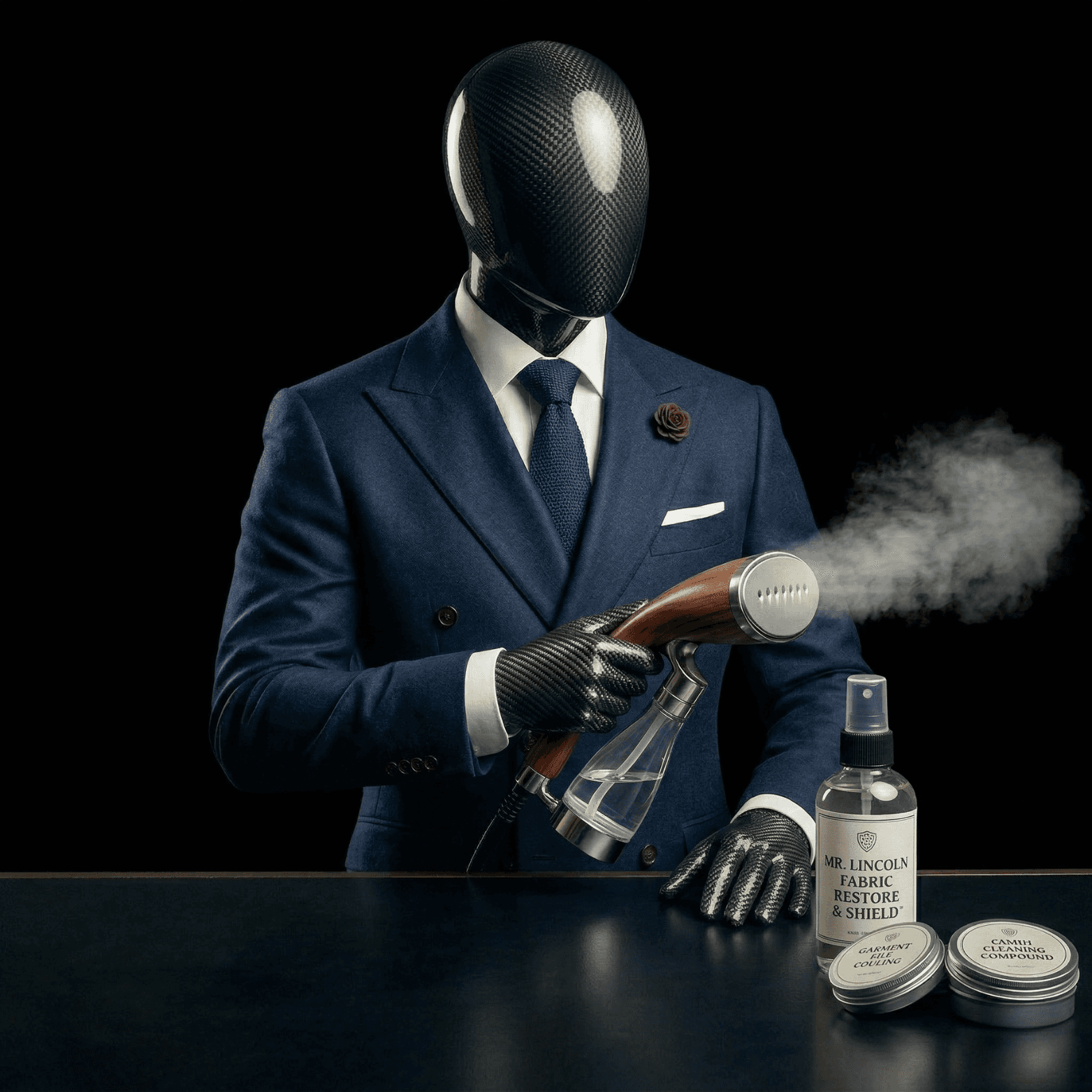 Mannequin in blue double breasted suit suit holding a steam iron and cleaning products