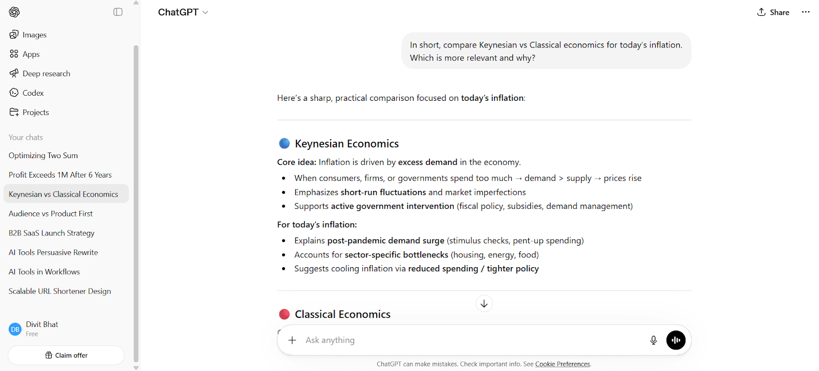 ChatGPT Output for Comparing economic theories in a real-world context