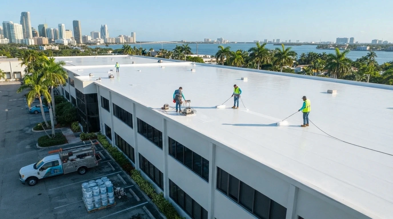 Silicone roof coating restoration on a West Palm Beach commercial building
