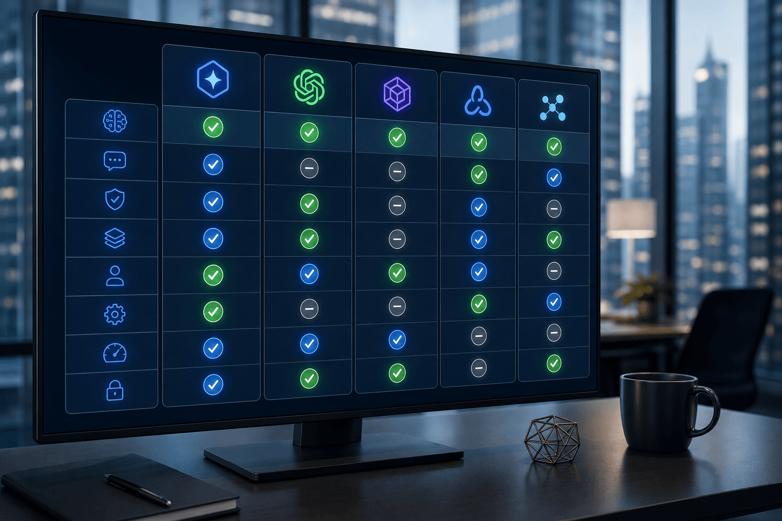 A clean enterprise dashboard visualization showing multiple AI support platforms being evaluated side by side on a modern screen. Abstract comparison grid with glowing checkmarks and colored indicators in blue, green, and neutral tones. Professional fintech office environment in the background, soft focus. Minimalist and data-driven aesthetic, no charts with labels, purely visual comparison metaphor with geometric shapes and color-coded indicators.