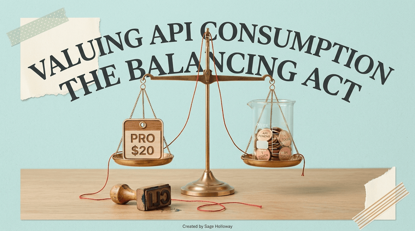 Editorial illustration of Claude Pro subscription versus Console API pricing as a brass balance scale between monthly calendar tokens and per-token coin jars