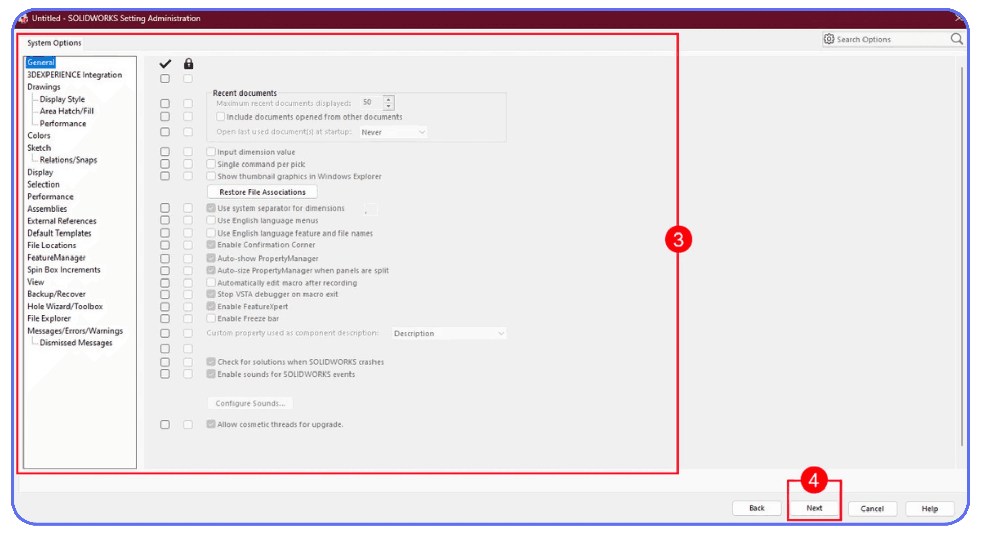 SolidWorks system options interface showing general settings and setup steps highlighted with red boxes.
