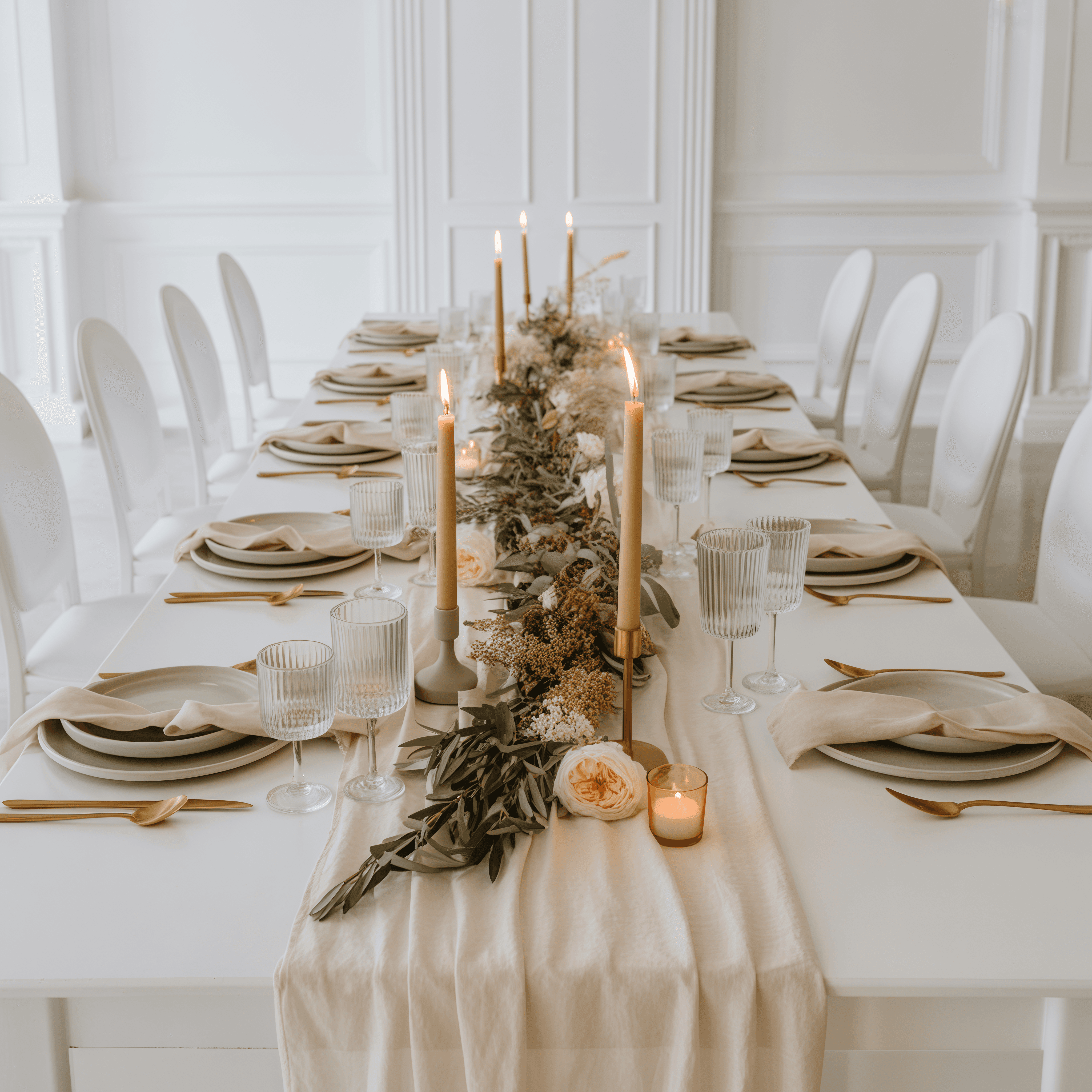 A beautifully set dining table with white tablecloth, cutlery, and fresh greenery in a cozy, well-lit space.