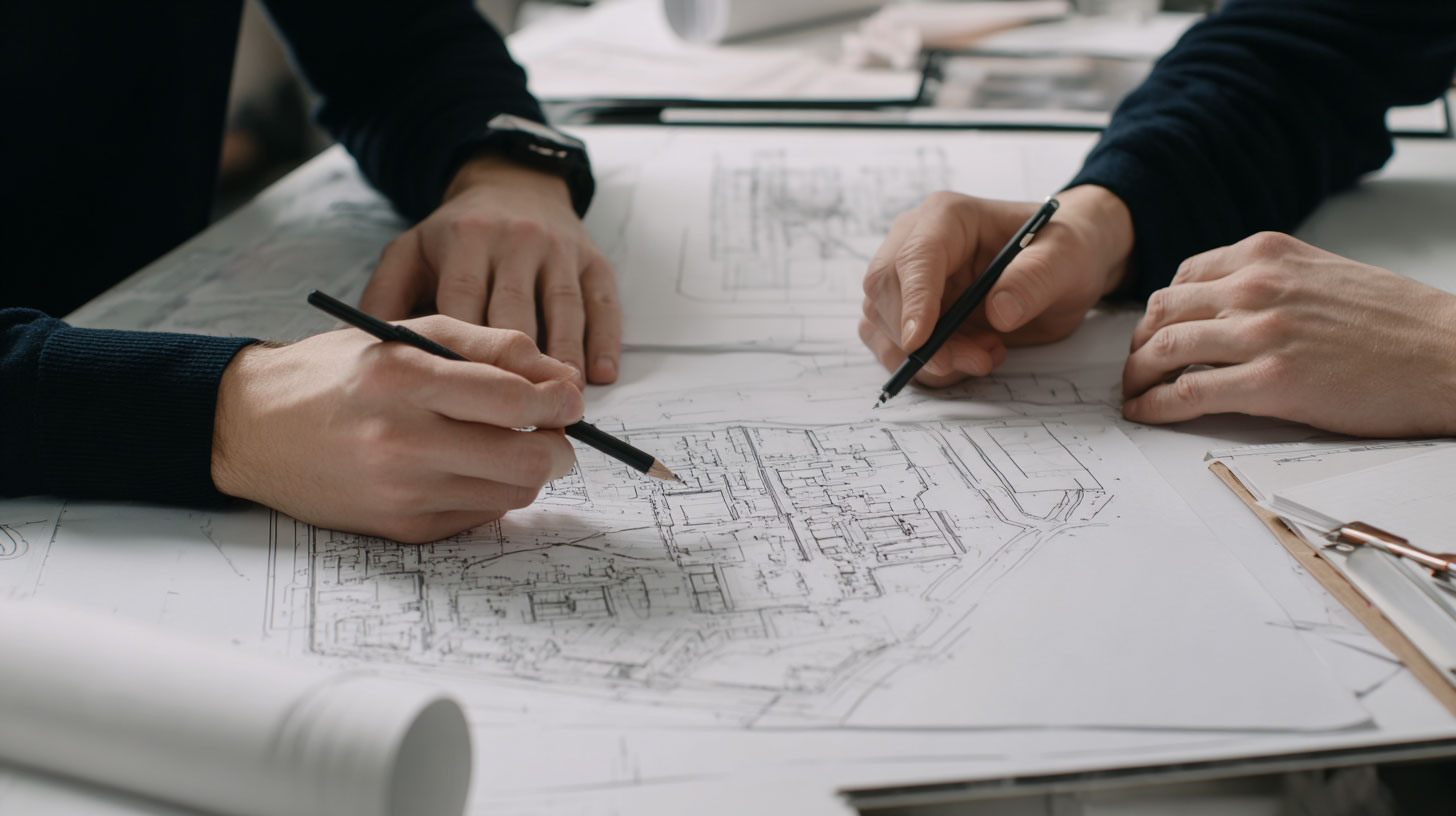 A professional Land Surveyor analyzing town plans with a client