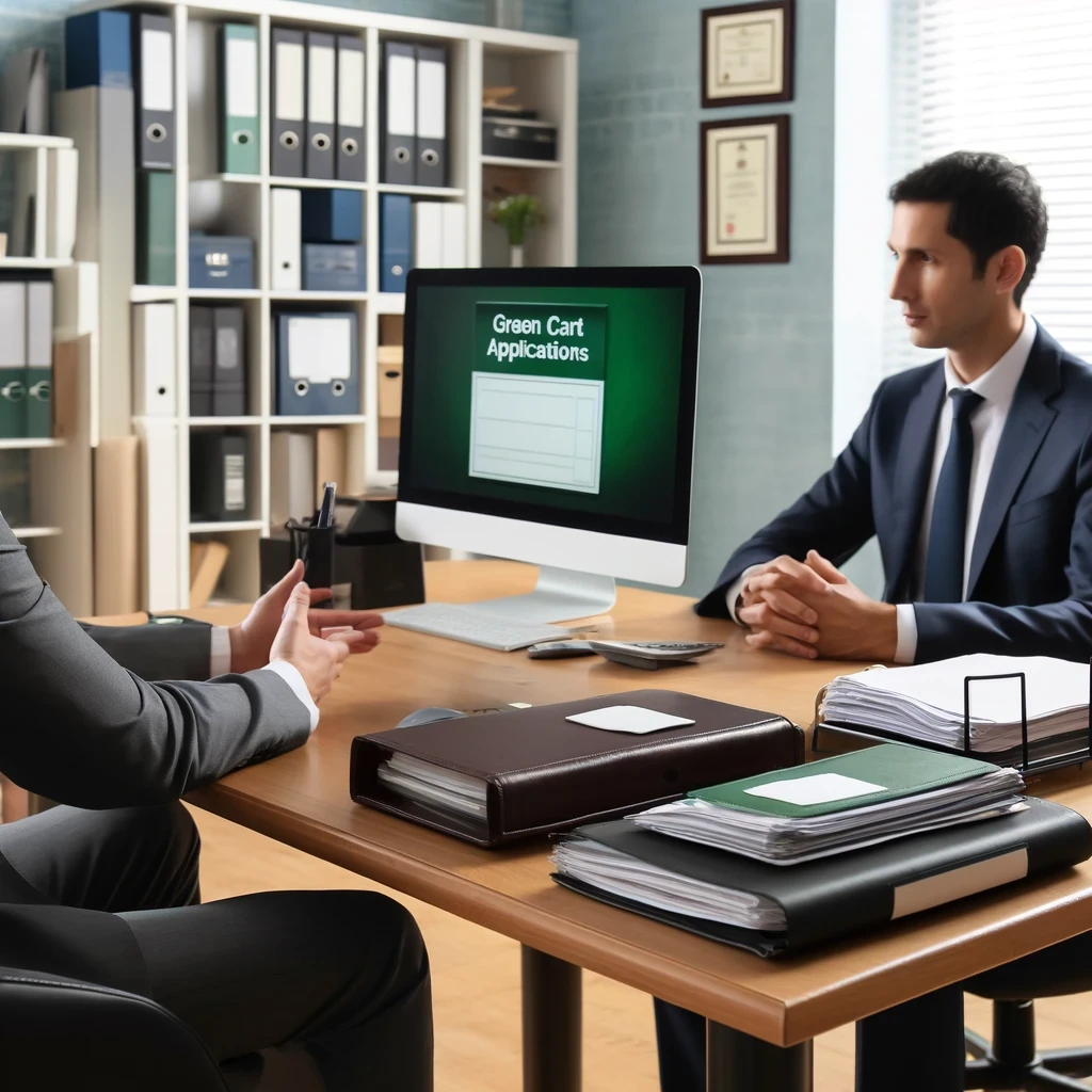 A professional office setting where a lawyer is consulting with a client about green card applications. The desk features organized files, a computer, and legal books, with a certificate on the wall and natural light coming through a window in the background.