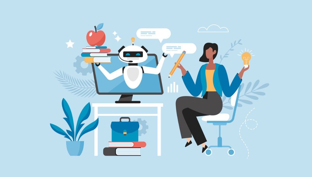 Illustration of a robot emerging from a computer screen handing books to a teacher, symbolizing AI tools supporting educators with learning and classroom tasks.