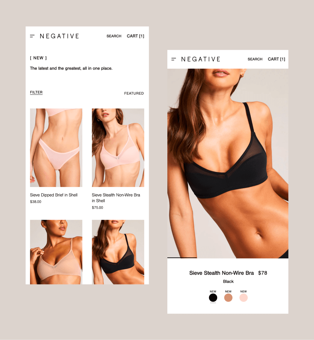 Negative Underwear mobile storefront displaying lingerie styles and product options