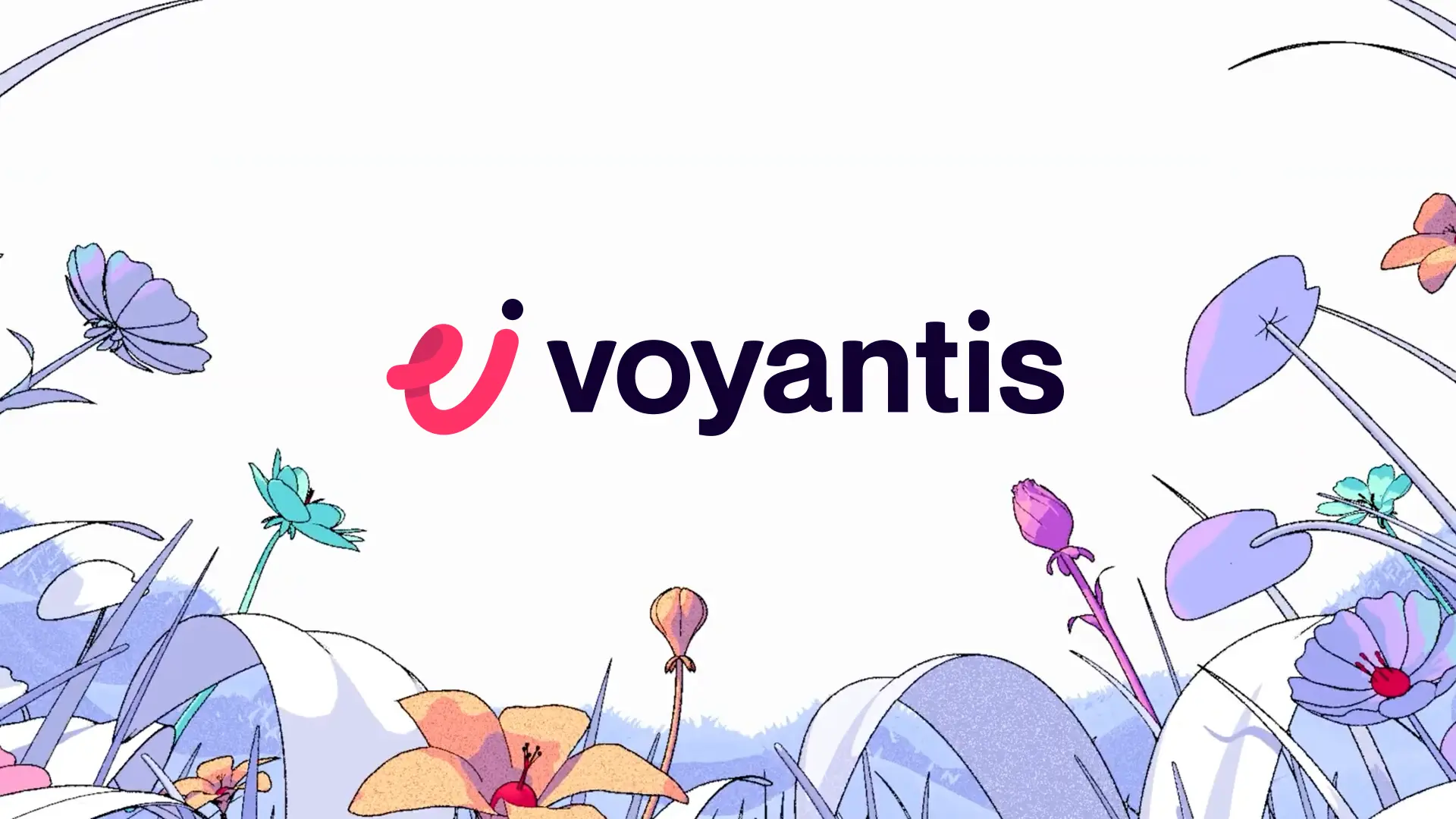 Voyantis logo above an illustrated meadow of stylised flowers in coral and violet