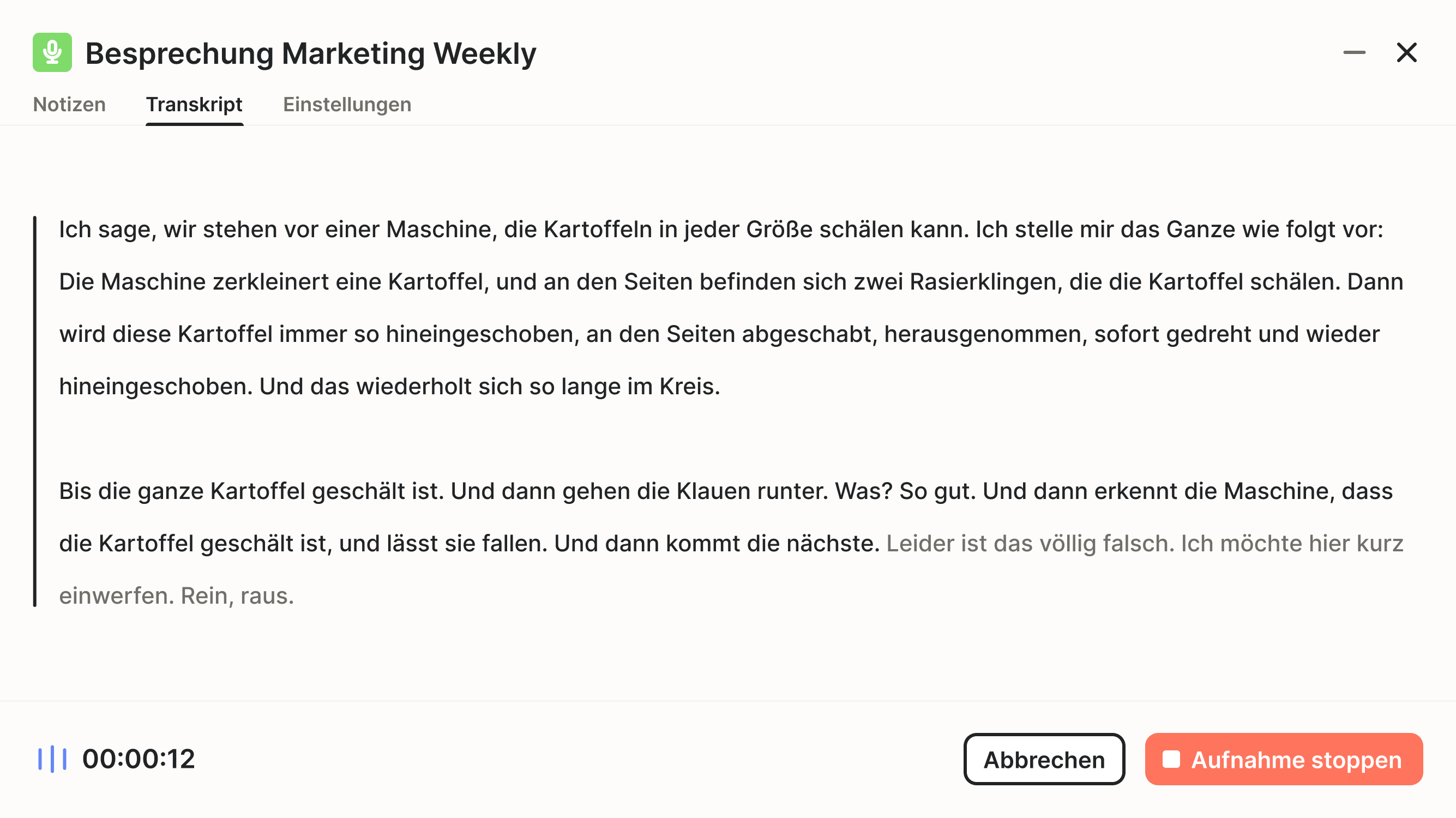 Beispiel-Transkript einer Unterhaltung aufgenommen in winkk AI.