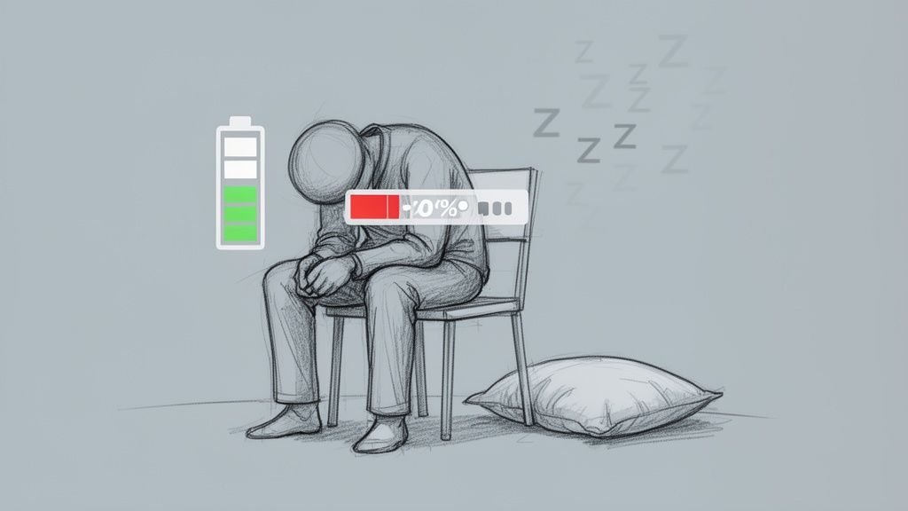 A sketch of an exhausted person slumping on a chair with a low energy bar and sleep 'Z's.