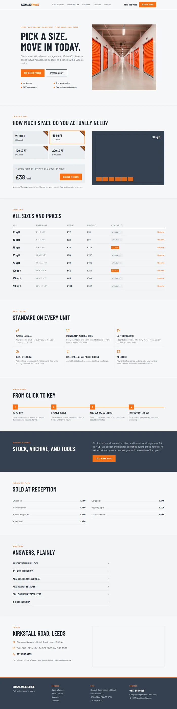 Full self storage website design: facility hero, size selector, price table, features, business storage