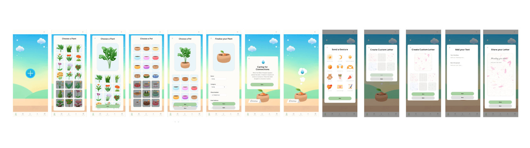 Plant customisation screens showing selection, variety options and personalisation flow in light and dark mode.
