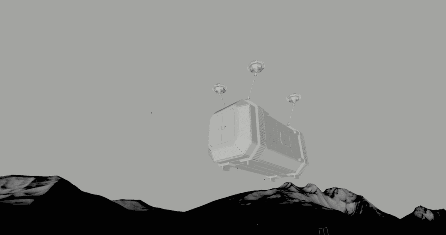animatic style 3D model of a container carried by four flying drones