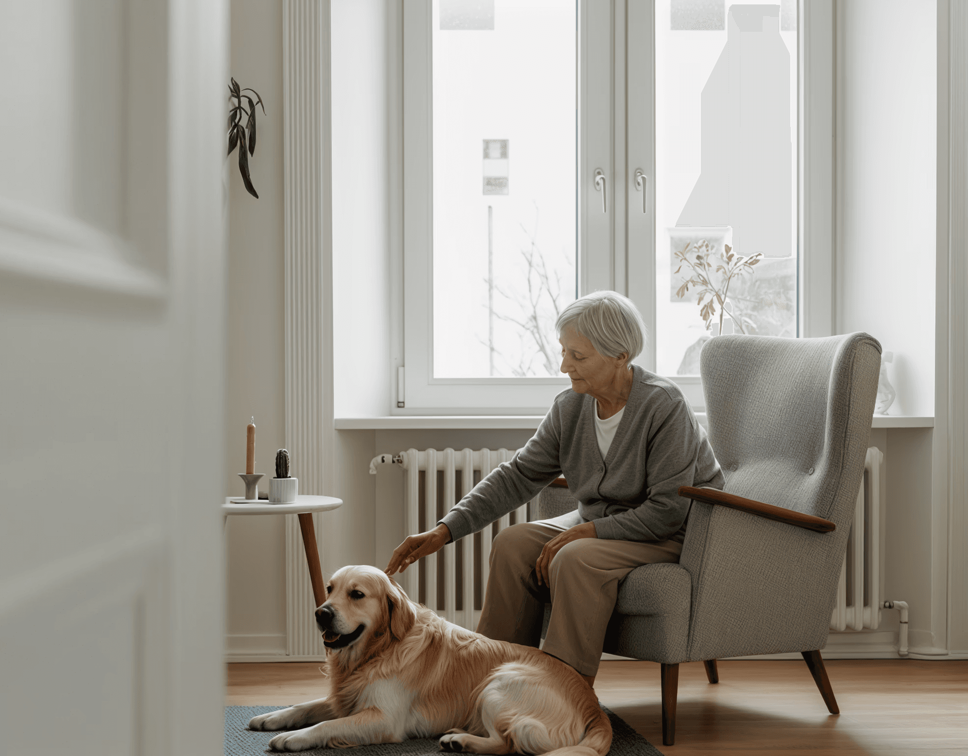Older lady pet dog, that's laying on the floor.