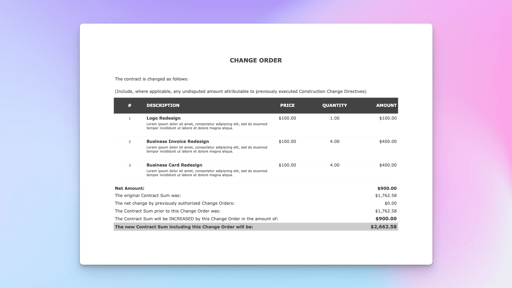 Change Order spreadsheet template showing editable project revisions, updated totals, and contract adjustments.